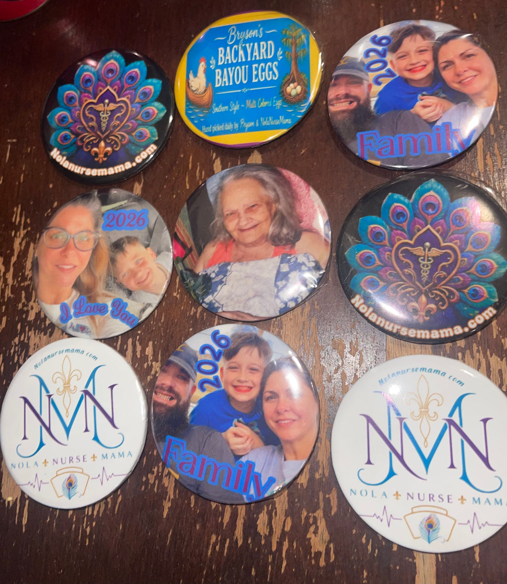 Custom personalized button/pin, mirror, magnet or keychain.