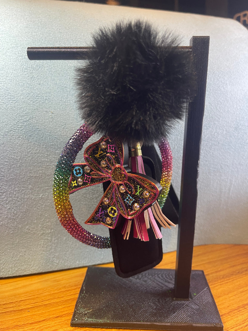 Decorated Bow Can opener/Nail saver plus set of mixed or matching wrist lanyard, puff ball, chapstick holder, key finder and tassel.