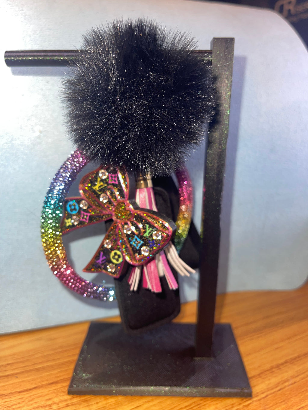 Decorated Bow Can opener/Nail saver plus set of mixed or matching wrist lanyard, puff ball, chapstick holder, key finder and tassel.