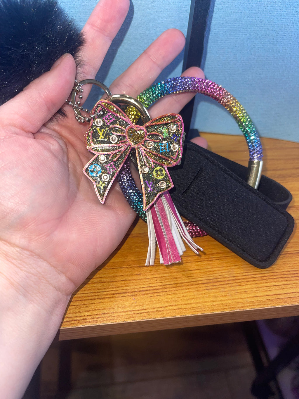 Decorated Bow Can opener/Nail saver plus set of mixed or matching wrist lanyard, puff ball, chapstick holder, key finder and tassel.