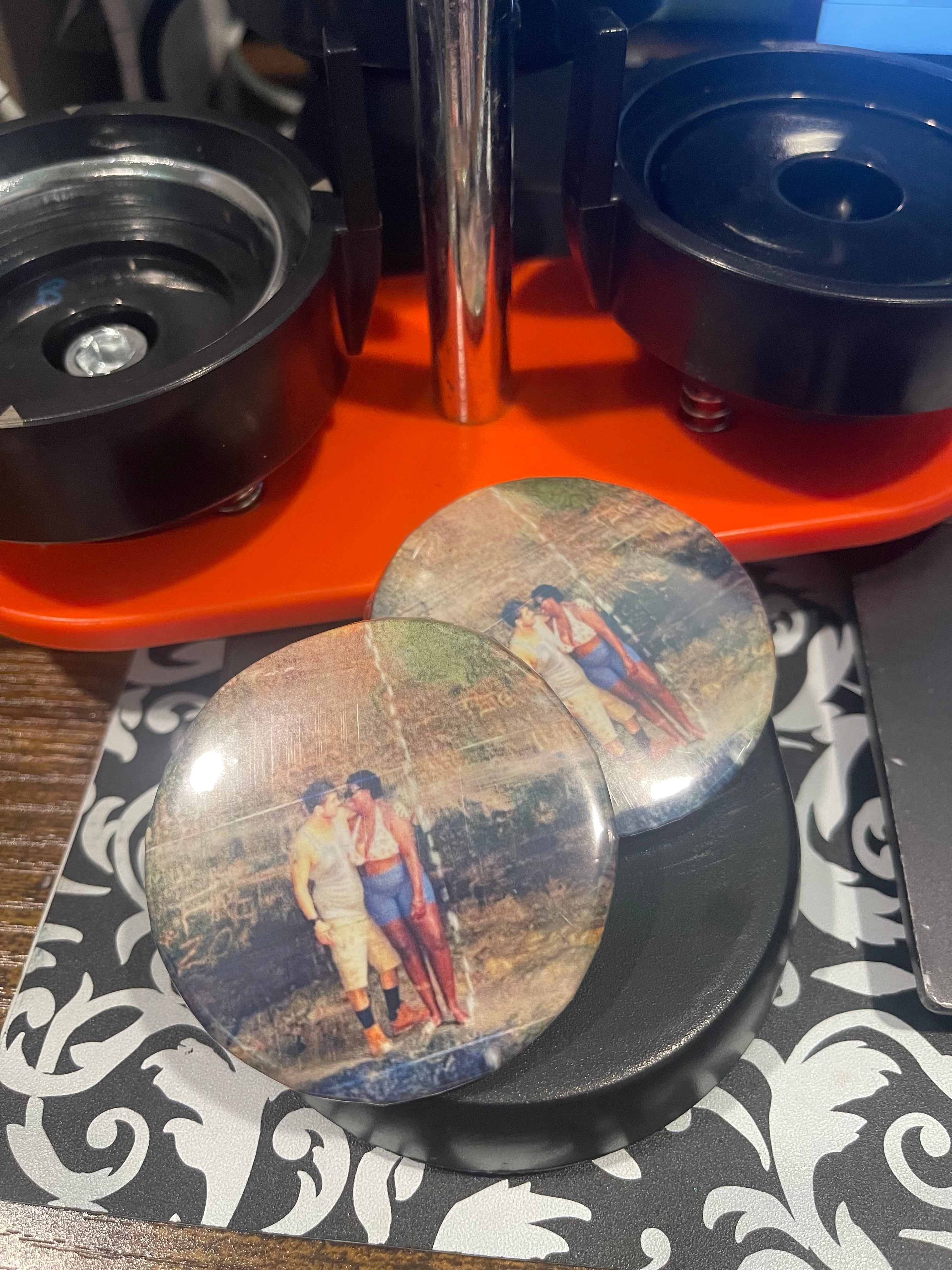 Custom personalized button/pin, mirror, magnet or keychain.