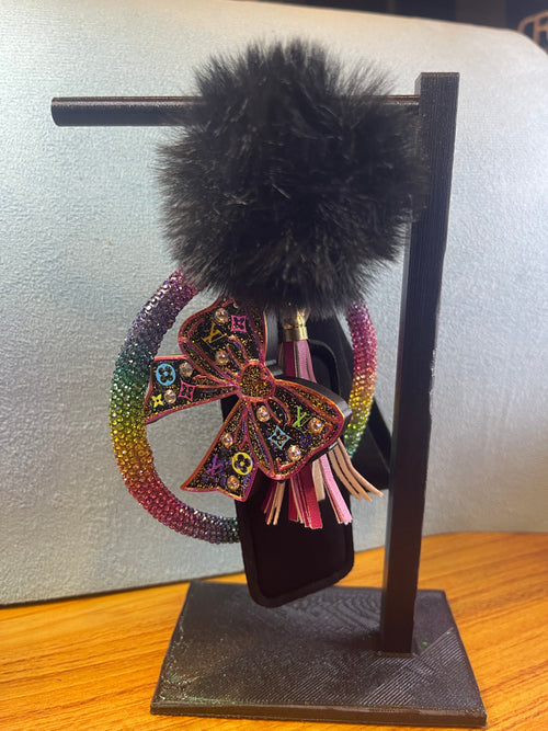 Decorated Bow Can opener/Nail saver plus set of mixed or matching wrist lanyard, puff ball, chapstick holder, key finder and tassel.