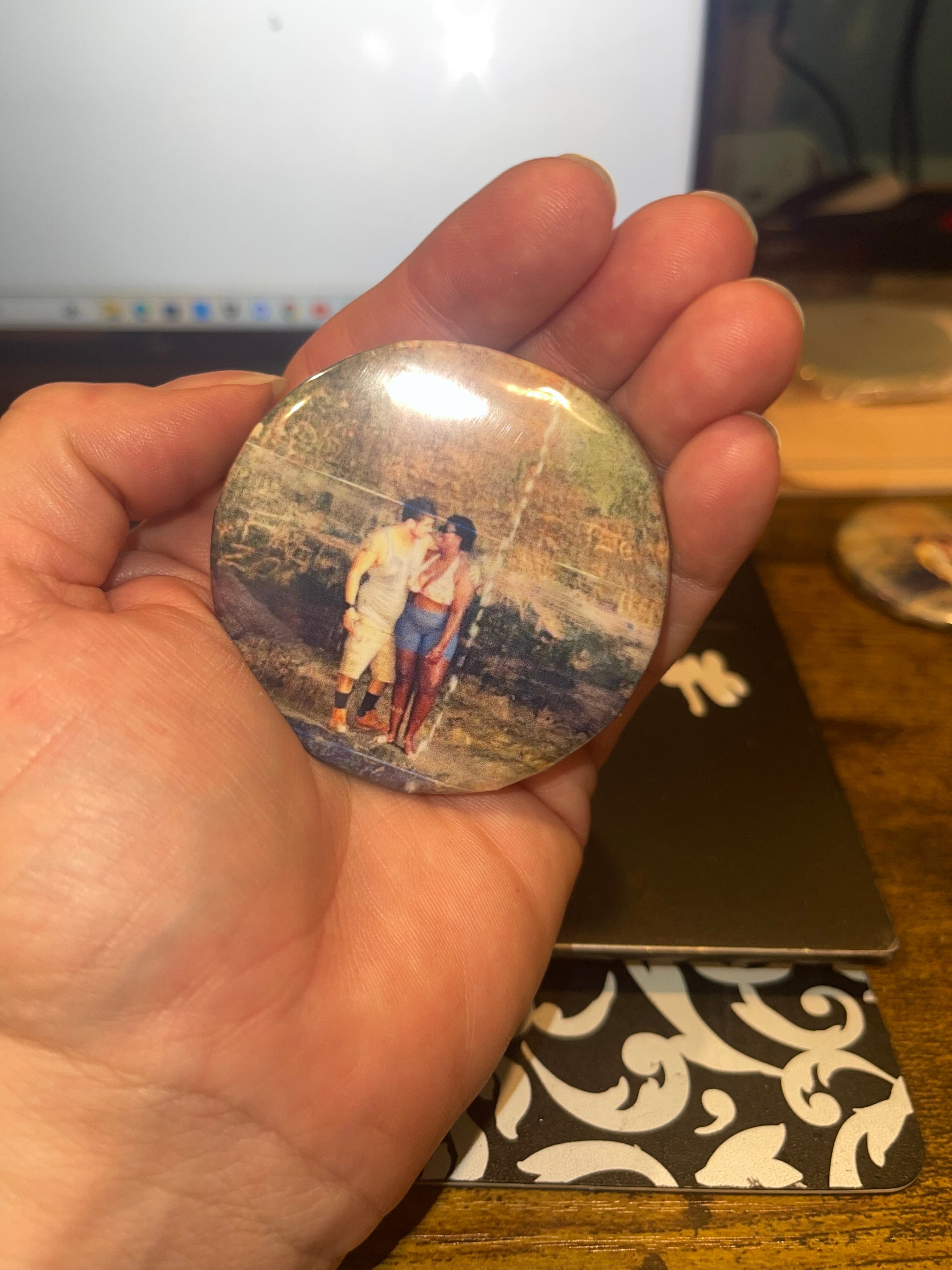 Custom personalized button/pin, mirror, magnet or keychain.